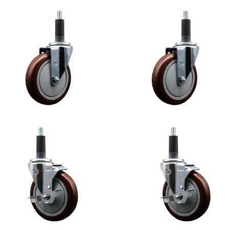 Service Caster 5'' SS Maroon Poly Wheel Swivel 1'' Expanding Stem Caster Set 2 Brakes, 4PK SCC-SSEX20S514-PPUB-MRN-2-TLB-2-1